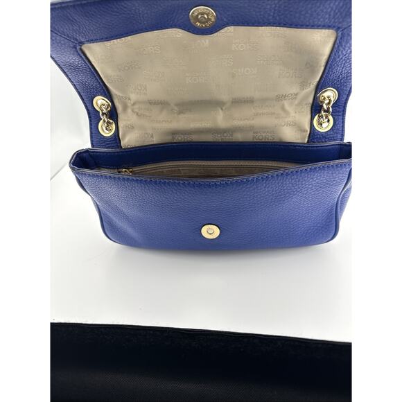 AUTH. MICHAEL KORS Hamilton Blue Leather Gold Chain Buckle Shoulder Flap Bag EUC - Picture 9 of 14